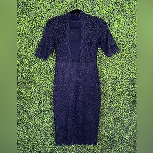 Express Lace Mock Neck Bandeau Sheath Dress Navy